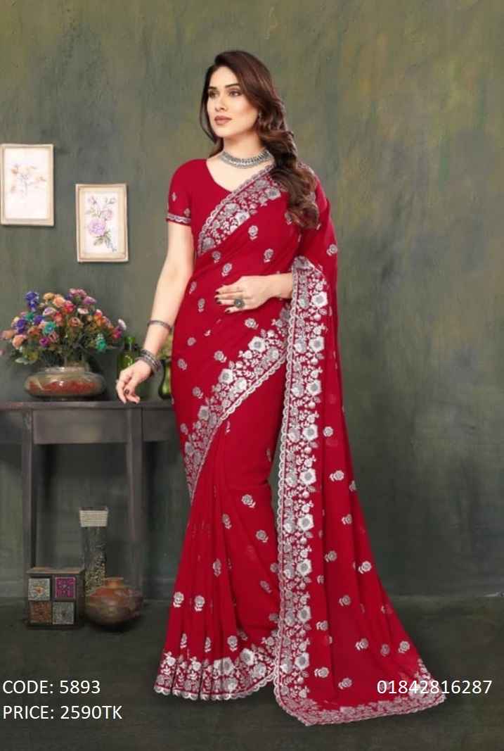 Soft Georgette Embroidery & Sequence Work Saree with Un-Stitched Blouse Piece Soft georgette red saree with silver embroidery and sequence work code 5893