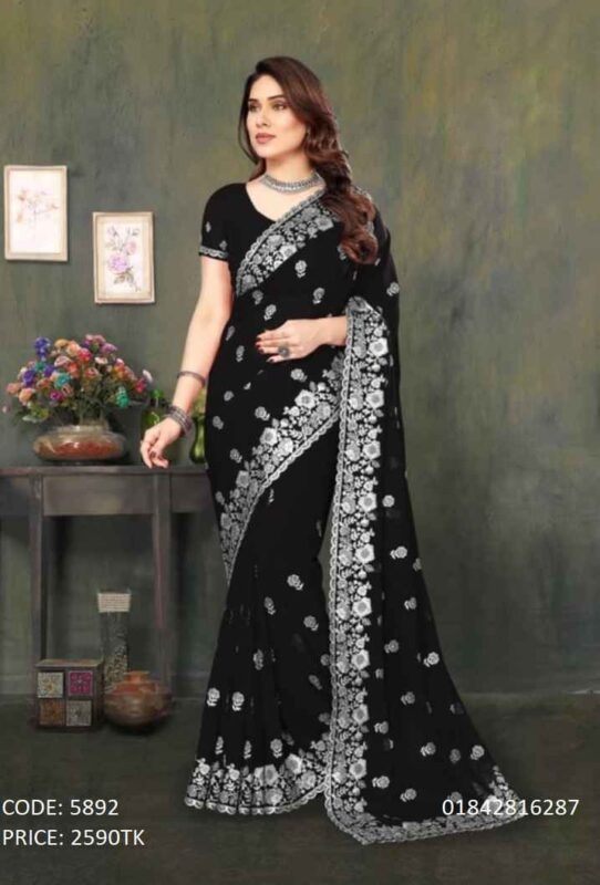 Black soft georgette saree with silver embroidery and sequence work (Code 5892)