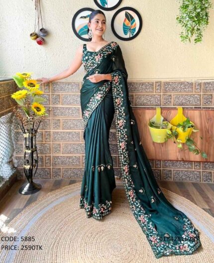 Soft Georgette Embroidered and Sequined Saree with Un-stitched Blouse Piece - Dark Green